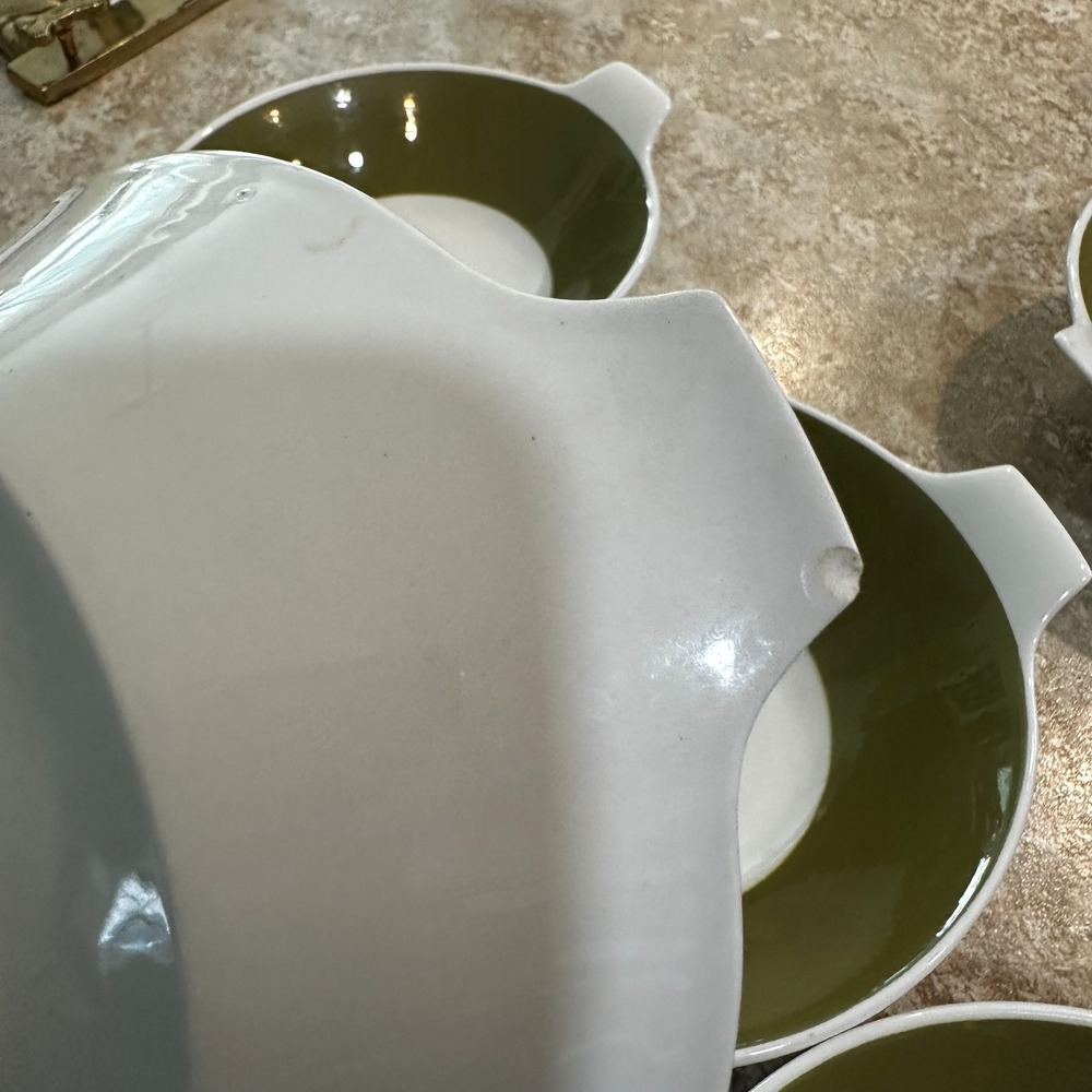Vintage Mikasa Iron Stone Palmetto Bowls 3306 Set of Six Green & White Japan - Picture 5 of 5
